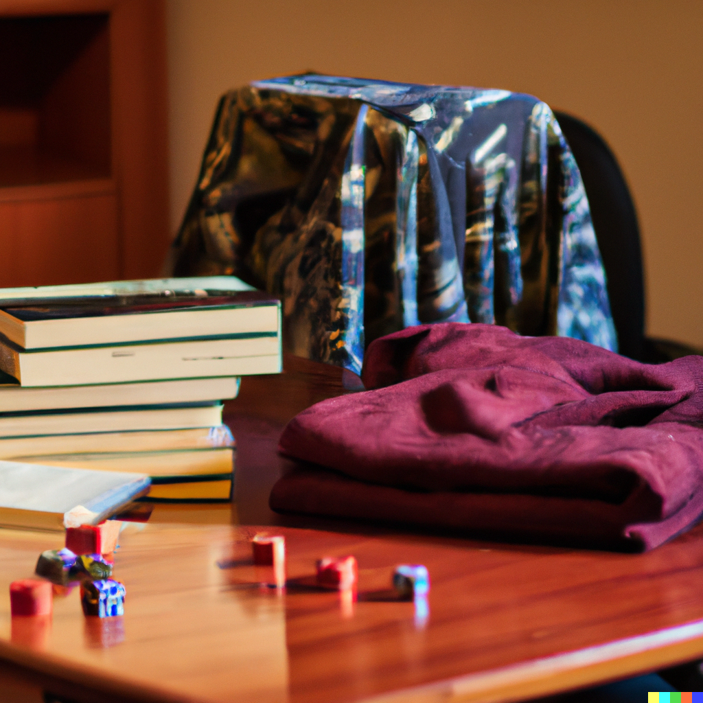 table with clothing, books and games